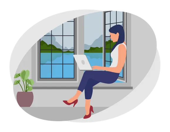 Empleada trabajando desde casa mientras está sentada en la ventana  Ilustración