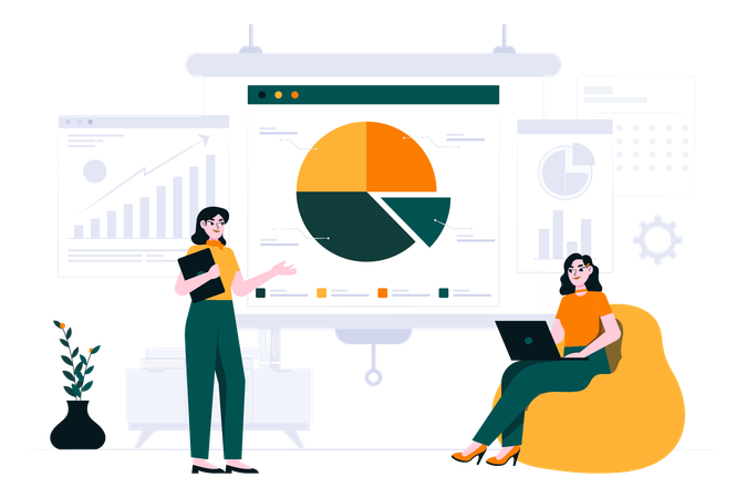 Empleadas haciendo análisis de datos  Ilustración