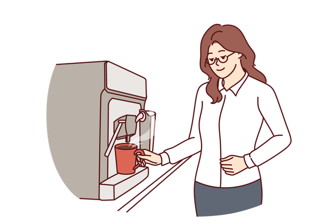 Empleado bebe té de una máquina expendedora  Ilustración