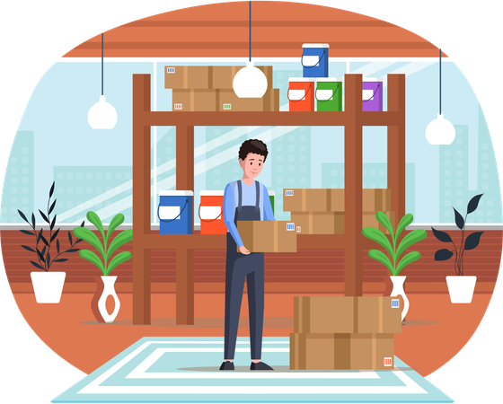 Empleado de imprenta plegando cajas con materiales tintas pinturas en almacén de tipografía  Ilustración
