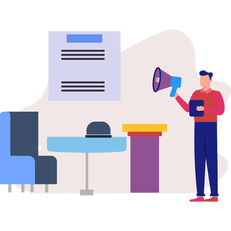 Empleado de oficina trabaja en objetivos de marketing online  Ilustración