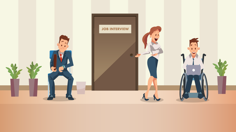 Empleado discapacitado esperando una entrevista de trabajo en la puerta  Ilustración