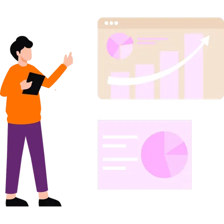 El empleado está apuntando a los gráficos de negocios.  Ilustración