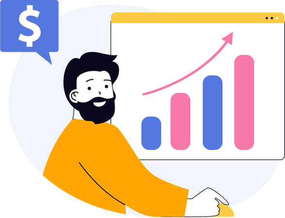 Empleado explica datos del mercado de valores en reunión  Ilustración