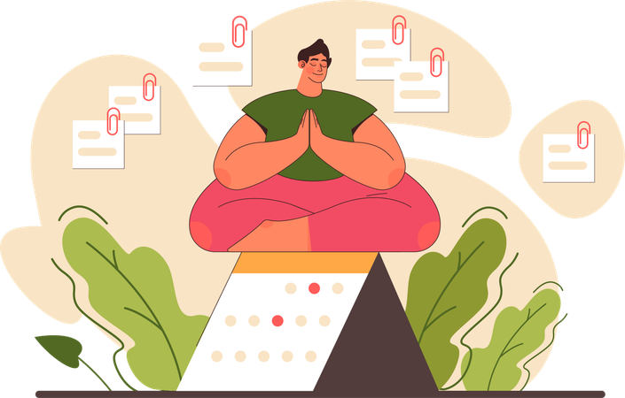 Empleado haciendo meditación mientras se completan todas las tareas.  Ilustración