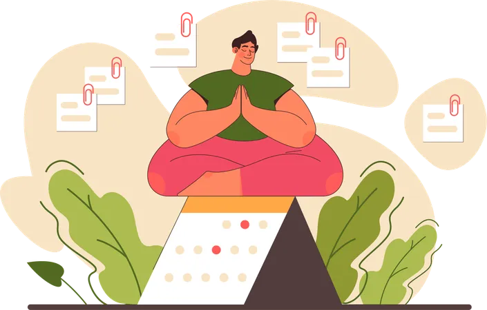 Empleado haciendo meditación mientras se completan todas las tareas.  Ilustración