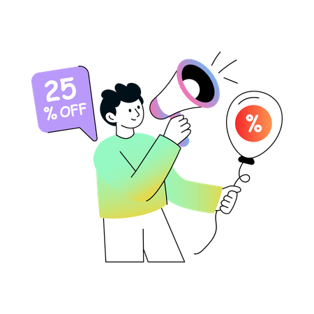 Empleado haciendo promoción de descuento  Ilustración