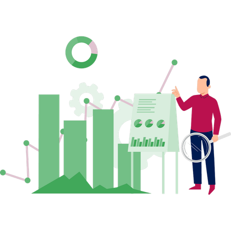 Empleado joven que investiga el gráfico de crecimiento empresarial  Ilustración