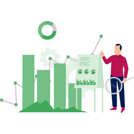 Empleado joven que investiga el gráfico de crecimiento empresarial  Ilustración