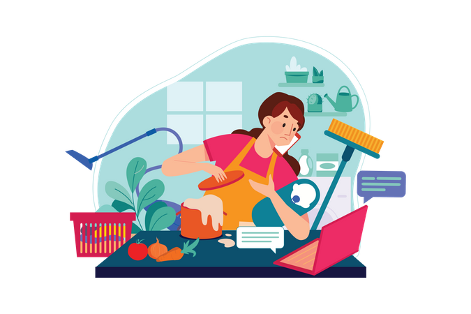 Empleado limpiando platos mientras trabaja desde casa.  Ilustración