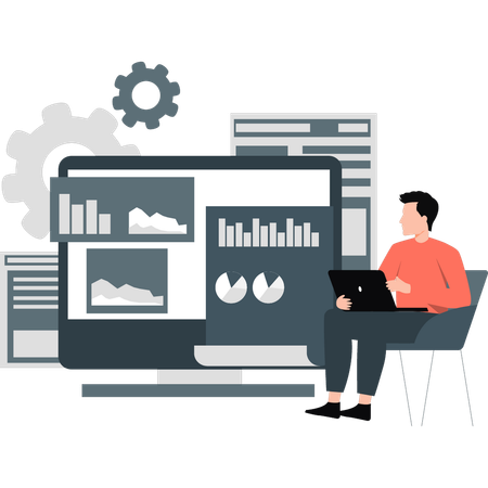 Empleado masculino trabajando en un gráfico infográfico de análisis  Ilustración