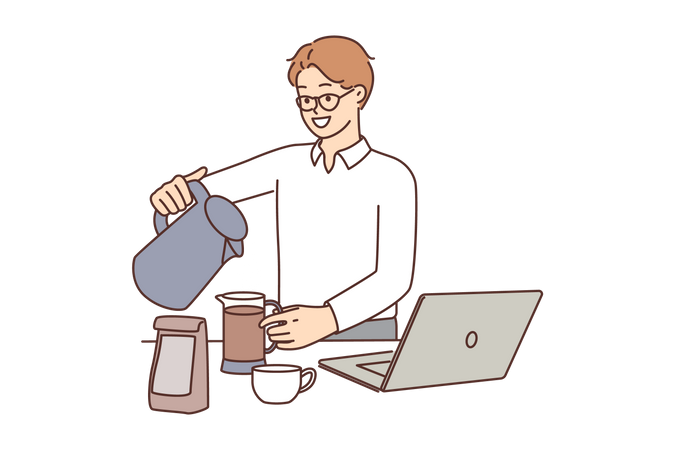 Empleado masculino preparando café en el trabajo  Ilustración