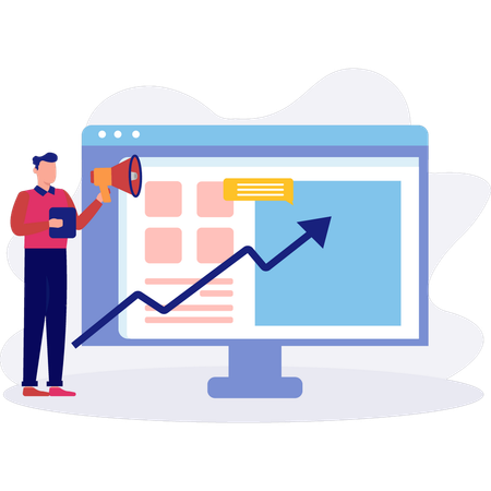 Empleado que muestra un gráfico de crecimiento en la página web  Ilustración