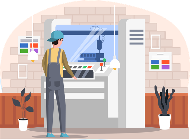 El empleado trabaja con el panel de control de la computadora de una impresora industrial.  Ilustración