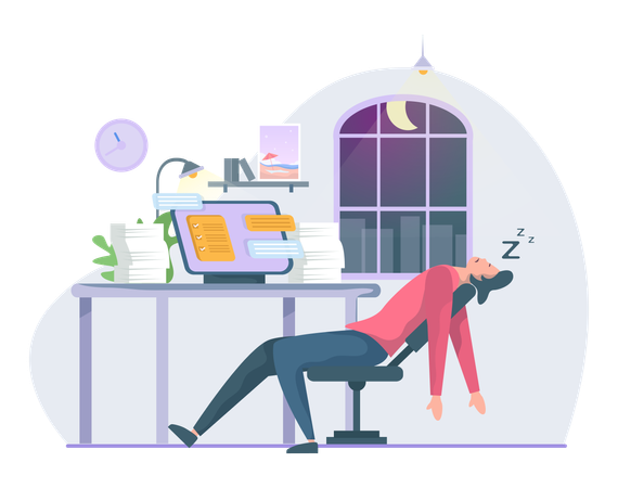 El empleado se siente cansado después de trabajar hasta altas horas de la noche  Ilustración