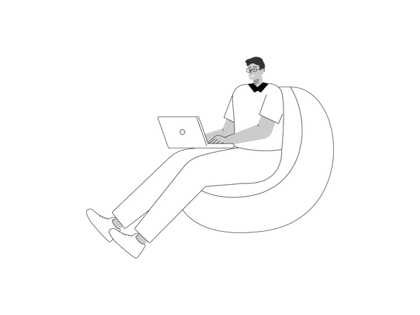 Empleado masculino sentado en una bolsa de frijoles con una computadora portátil  Ilustración