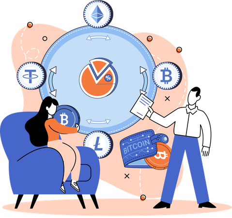 Empleado trabaja en análisis de gráficos de criptomonedas  Ilustración