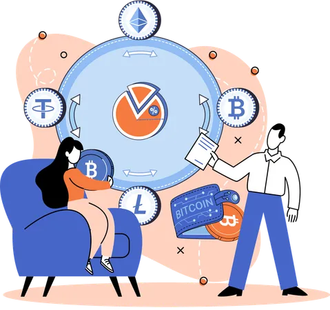 Empleado trabaja en análisis de gráficos de criptomonedas  Ilustración