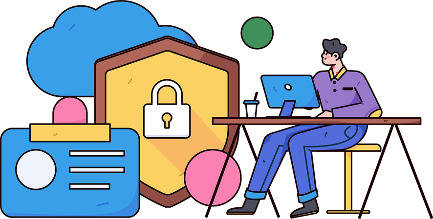 Empleado trabaja en principios de seguridad de datos  Ilustración