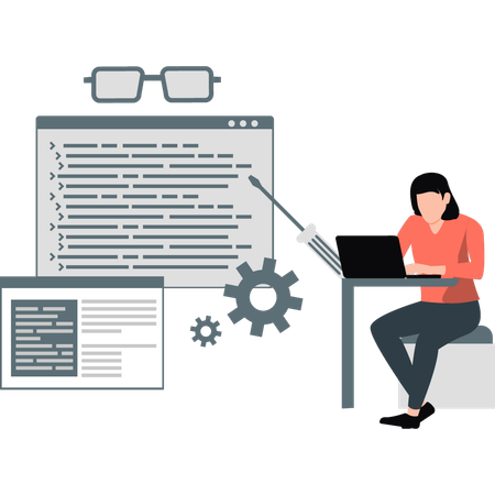 Empleado trabajando en una computadora portátil sobre la configuración  Ilustración