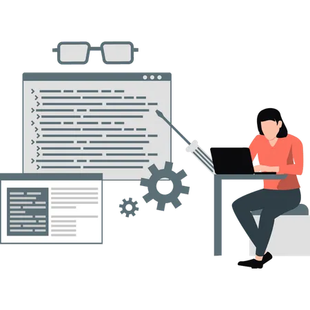 Empleado trabajando en una computadora portátil sobre la configuración  Ilustración