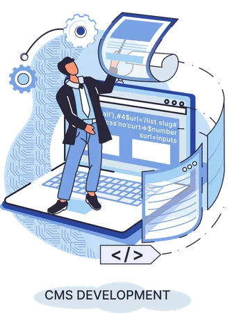 Empleado que trabaja en el sistema de gestión de contenidos  Ilustración