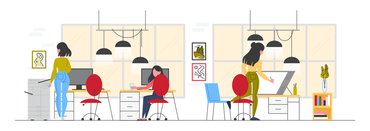 Empleado trabajando en espacio de coworking  Ilustración