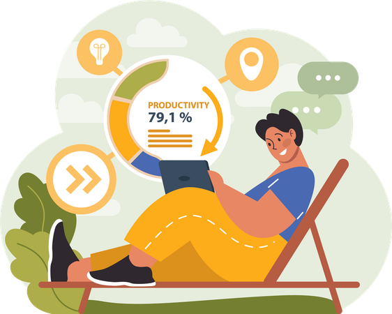 Empleado trabajando mientras está de vacaciones  Ilustración