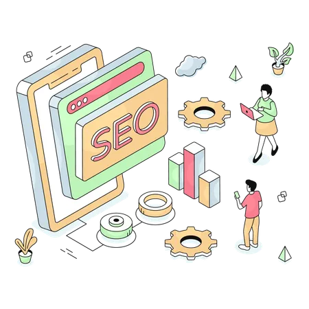 Empleados de empresas trabajando en el SEO de un sitio web  Ilustración