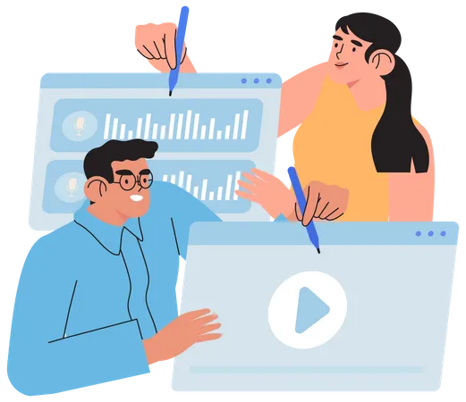 Empleados de marketing trabajando en vídeo  Ilustración