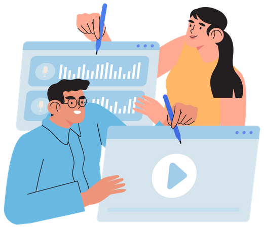 Empleados de marketing trabajando en vídeo  Ilustración