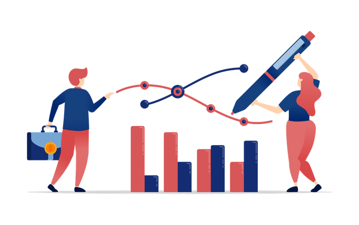 Empleados de oficina que establecen objetivos de ventas y metas de rendimiento de la empresa.  Ilustración