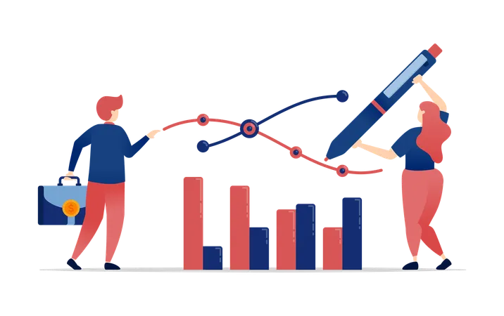 Empleados de oficina que establecen objetivos de ventas y metas de rendimiento de la empresa.  Ilustración