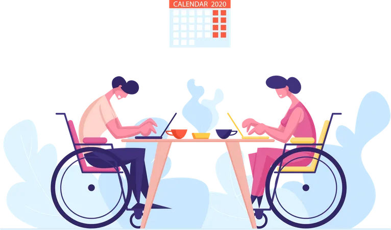 Empleados Discapacitados Colegas Trabajadores De Oficina Sentados En El Escritorio Trabajando En Computadoras Portatiles Con Tazas De Cafe En La Mesa Discapacidad Concepto De Empleo Para Personas Discapacitadas Ilustracion De Vector De Personas De Dibujos Animados Ilustración