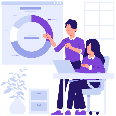 Empleados discutiendo datos de gráficos circulares  Ilustración