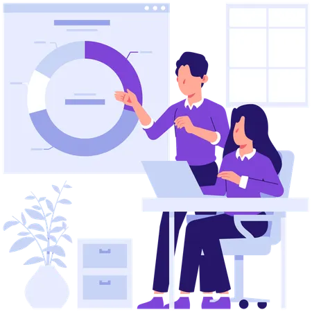 Empleados discutiendo datos de gráficos circulares  Ilustración