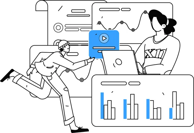 Empleados que realizan análisis de datos en línea.  Ilustración