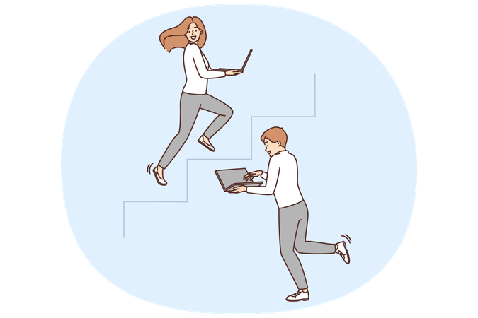Empleados motivados con computadoras portátiles funcionando en el piso de arriba  Ilustración