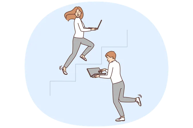Empleados motivados con computadoras portátiles funcionando en el piso de arriba  Ilustración