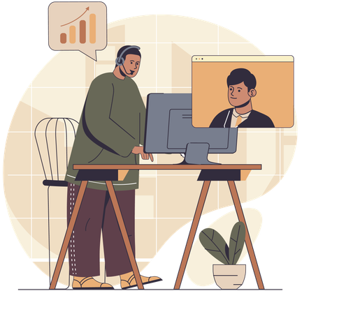 Empleados que asisten a reuniones en línea  Ilustración