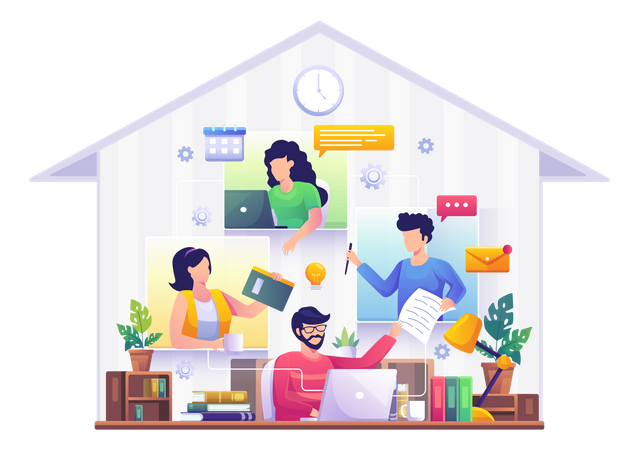 Empleados que trabajan desde casa en un proyecto  Ilustración
