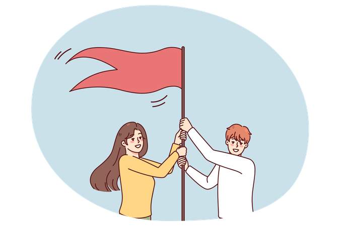 Empleados sonrientes ponen la bandera como símbolo de éxito  Ilustración