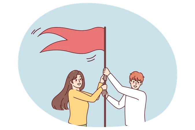 Empleados sonrientes ponen la bandera como símbolo de éxito  Ilustración