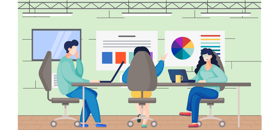 Los empleados trabajan con el servicio de impresión por computadora.  Ilustración