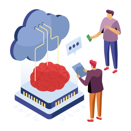 Los empleados trabajan con tecnología en la nube  Ilustración