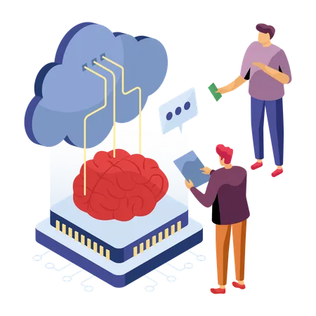 Los empleados trabajan con tecnología en la nube  Ilustración