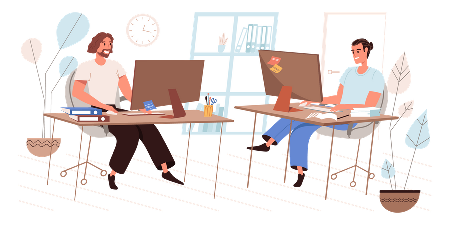 Empleados que trabajan en computadoras sentados en los lugares de trabajo  Ilustración