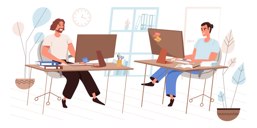 Empleados que trabajan en computadoras sentados en los lugares de trabajo  Ilustración