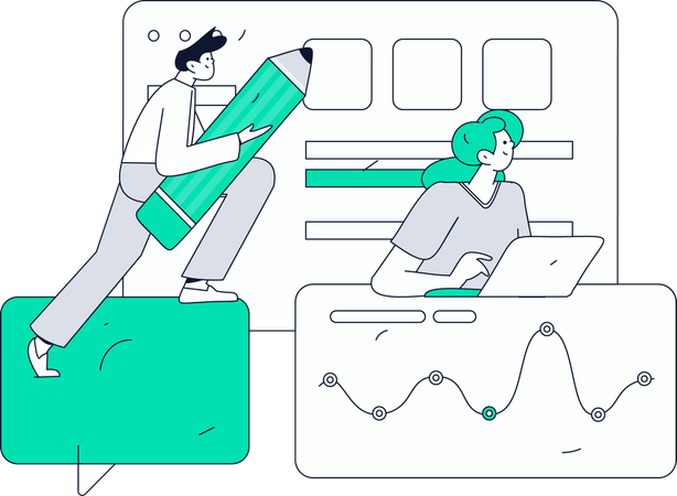 Empleados trabajando con datos de gráficos circulares  Ilustración