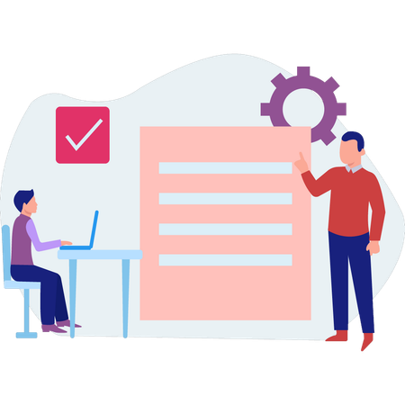 Empleados trabajando en la configuración de documentos en una computadora portátil  Ilustración